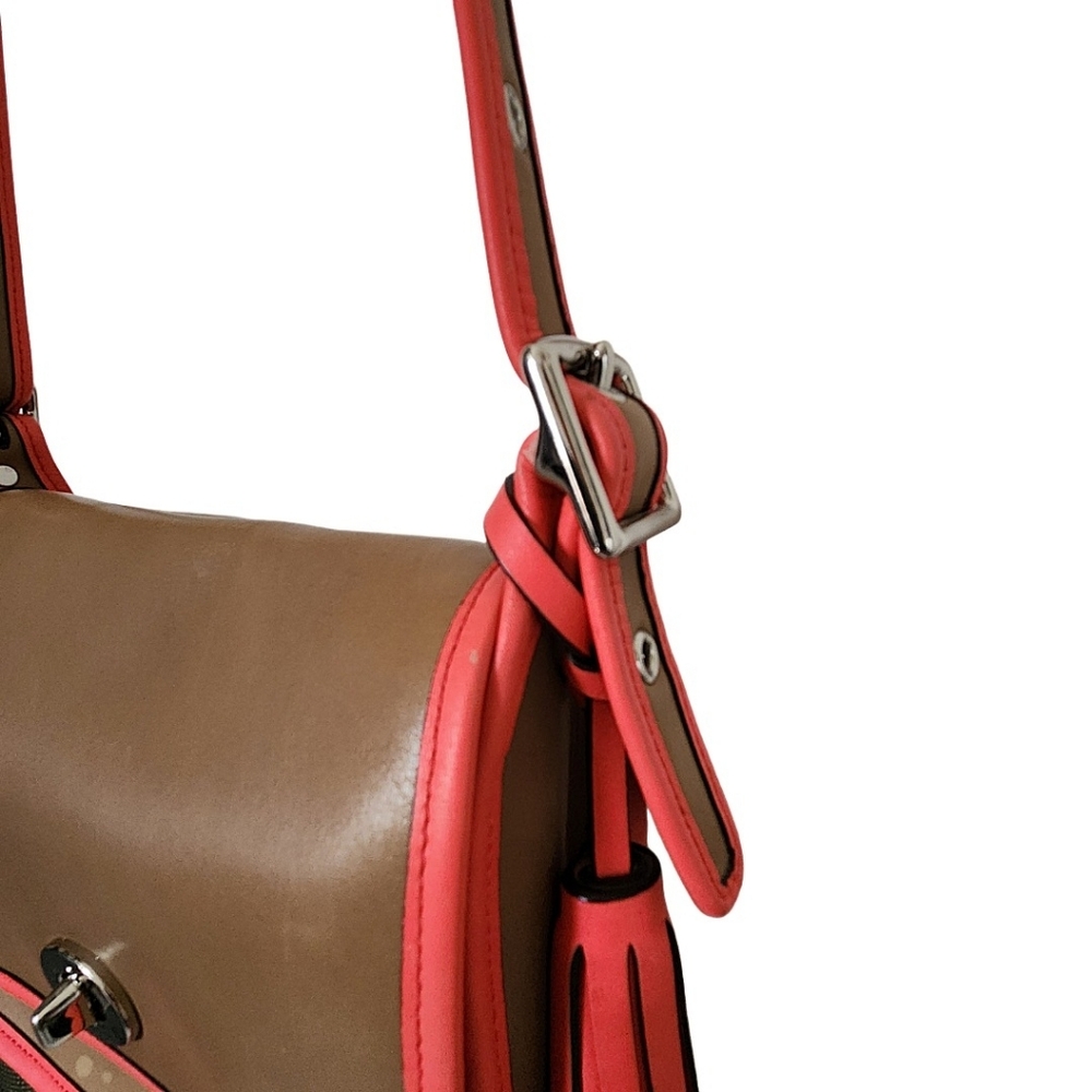 Coach Rambler Tan & Coral Leather Flap Shoulder Bag - Picture 7 of 14